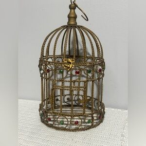 Vintage Gold Decorative Birdcage Accent with Red and Green Bead Detailing
